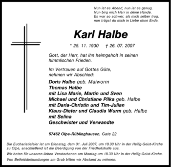 Traueranzeige von Karl Halbe von Tageszeitung