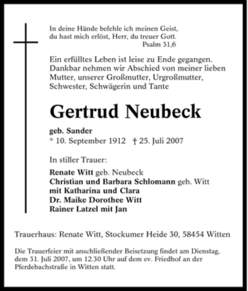 Traueranzeige von Gertrud Neubeck von Tageszeitung