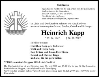Traueranzeige von Heinrich Kapp von Tageszeitung