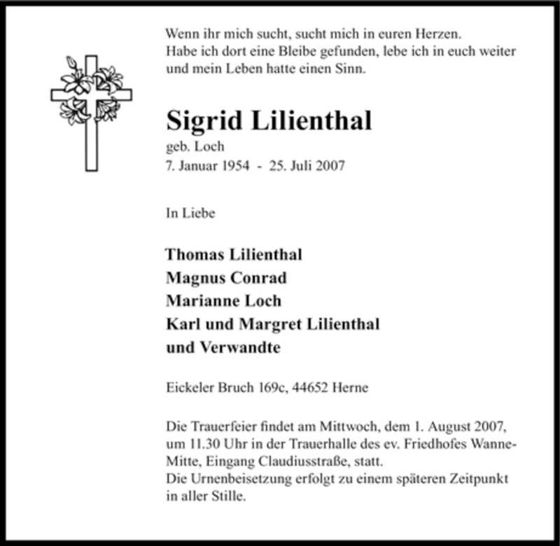  Traueranzeige für Sigrid Lilienthal vom 28.07.2007 aus Tageszeitung