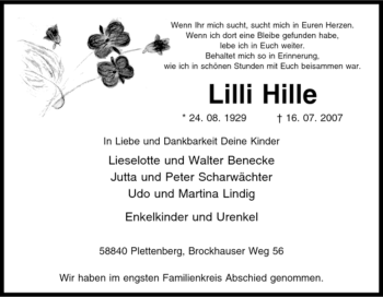 Traueranzeige von Lilli Hille von Tageszeitung