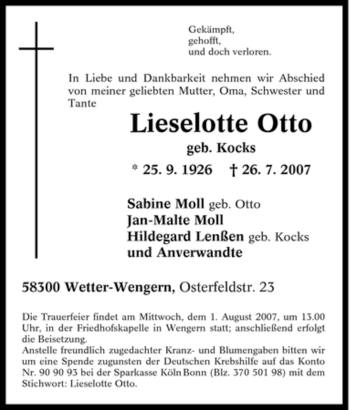 Traueranzeige von Lieselotte Otto von Tageszeitung