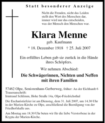 Traueranzeige von Klara Menne von Tageszeitung