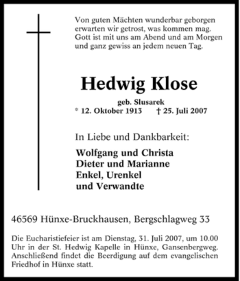 Traueranzeige von Hedwig Klose von Tageszeitung