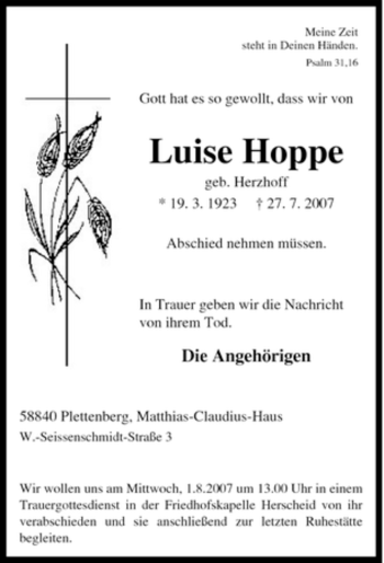 Traueranzeige von Luise Hoppe von Tageszeitung