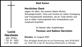 Traueranzeige von Lucia Harzheim von Tageszeitung