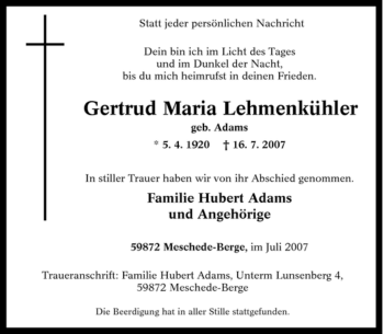 Traueranzeige von Gertrud Maria Lehmenkühler von Tageszeitung