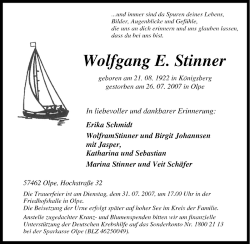  Traueranzeige für Wolfgang Stinner vom 28.07.2007 aus Tageszeitung