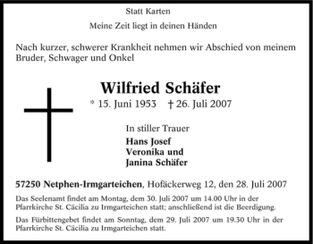 Traueranzeige von Wilfried Schäfer von Tageszeitung