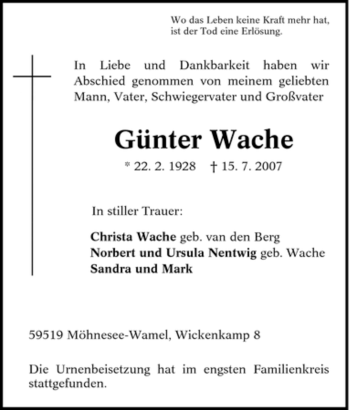 Traueranzeige von Günter Wache von Tageszeitung