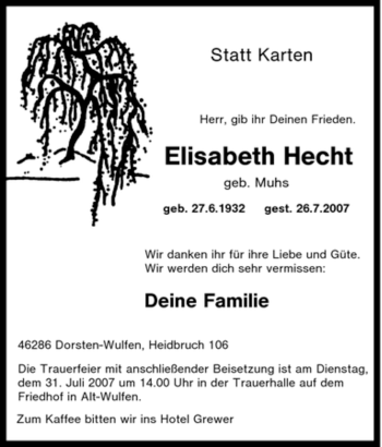 Traueranzeige von Elisabeth Hecht von Tageszeitung