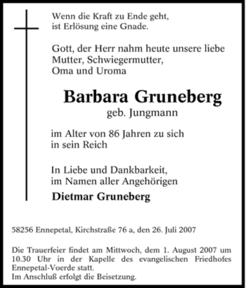 Traueranzeige von Barbara Gruneberg von Tageszeitung