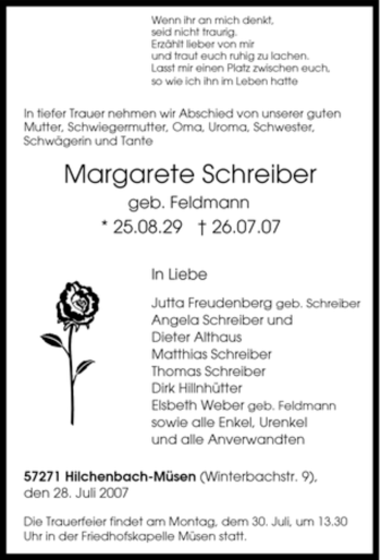Traueranzeige von Margarete Schreiber von Tageszeitung