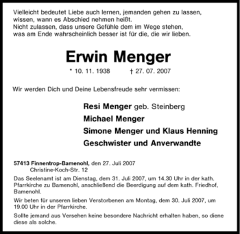 Traueranzeige von Erwin Menger von Tageszeitung