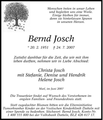 Traueranzeige von Bernd Josch von Tageszeitung