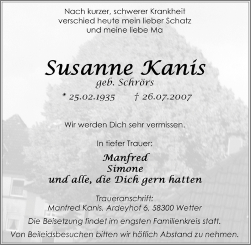  Traueranzeige für Susanne Kanis vom 28.07.2007 aus Tageszeitung