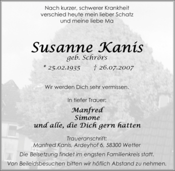 Traueranzeige von Susanne Kanis von Tageszeitung