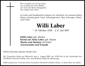 Traueranzeige von Willi Laber von Tageszeitung