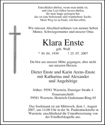 Traueranzeige von Klara Enste von Tageszeitung
