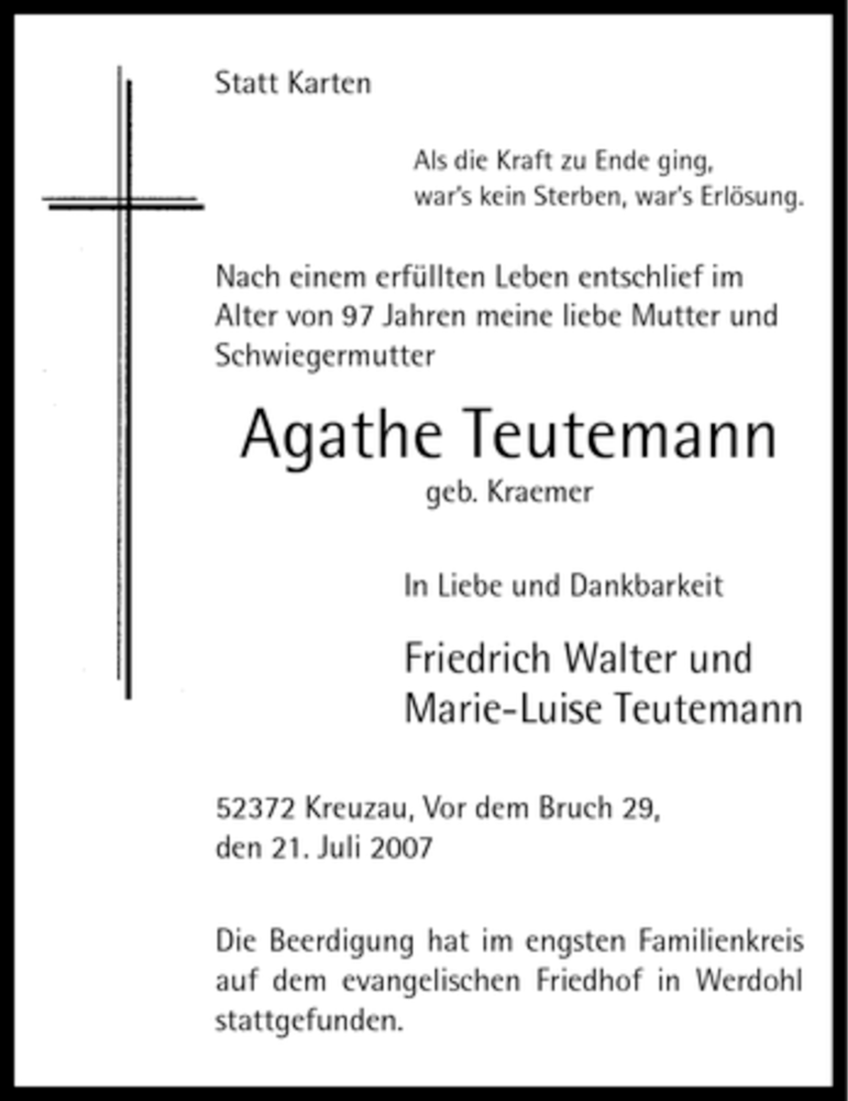  Traueranzeige für Agathe Teutemann vom 28.07.2007 aus Tageszeitung