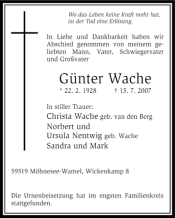 Traueranzeige von Günter Wache von Tageszeitung