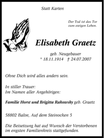 Traueranzeige von Elisabeth Graetz von Tageszeitung