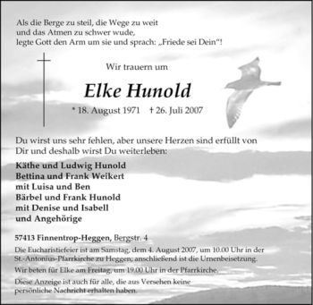 Traueranzeige von Elke Hunold von Tageszeitung