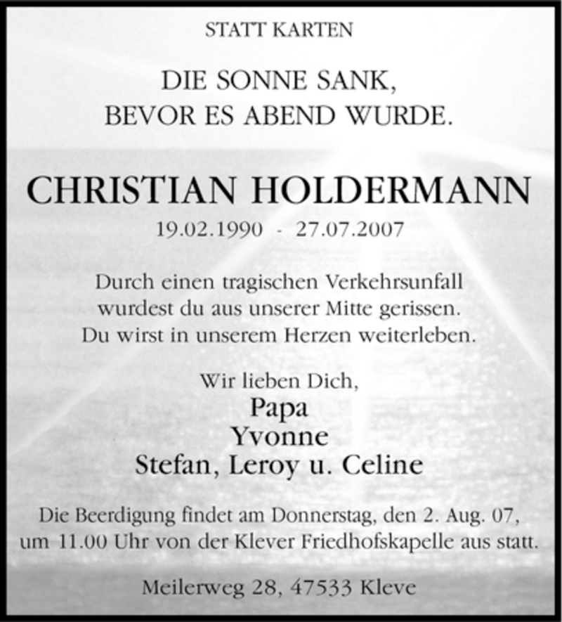  Traueranzeige für Christian Holdermann vom 30.07.2007 aus Tageszeitung
