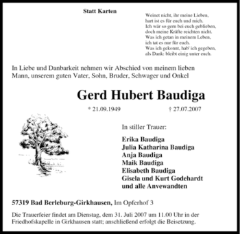 Traueranzeige von Gerd Hubert Baudiga von Tageszeitung
