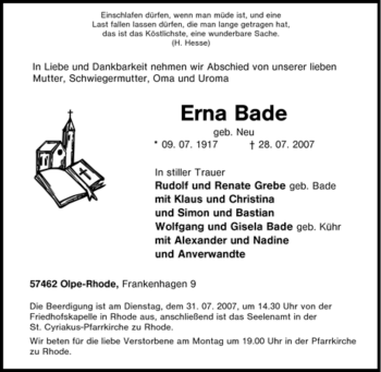 Traueranzeige von Erna Bade von Tageszeitung