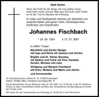 Traueranzeige von Johannes Fischbach von Tageszeitung