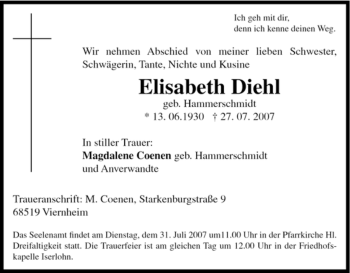 Traueranzeige von Elisabeth Diehl von Tageszeitung