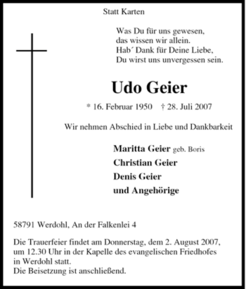 Traueranzeige von Udo Geier von Tageszeitung