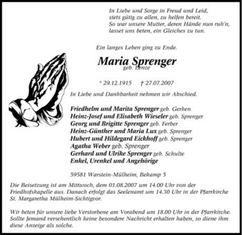 Traueranzeige von Maria Sprenger von Tageszeitung