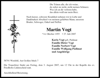 Traueranzeige von Martin Vogt von Tageszeitung