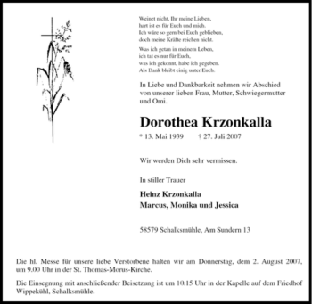 Traueranzeige von Dorothea Krzonkalla von Tageszeitung