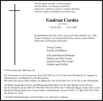 Traueranzeige von Gudrun Cordes von Tageszeitung