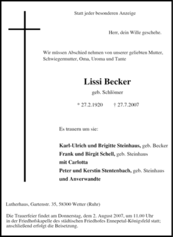 Traueranzeige von Lissi Becker von Tageszeitung