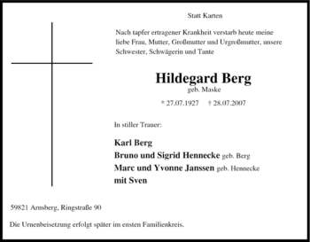 Traueranzeige von Hildegard Berg von Tageszeitung