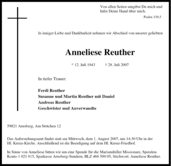 Traueranzeige von Anneliese Reuther von Tageszeitung