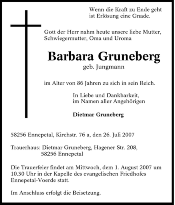 Traueranzeige von Barbara Gruneberg von Tageszeitung