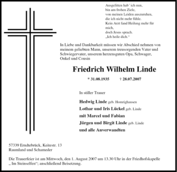 Traueranzeige von Friedrich Wilhelm Linde von Tageszeitung