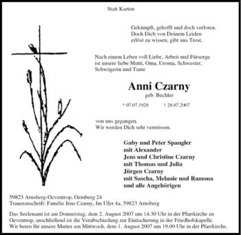 Traueranzeige von Anni Czarny von Tageszeitung