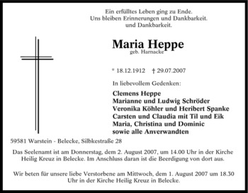 Traueranzeige von Maria Heppe von Tageszeitung