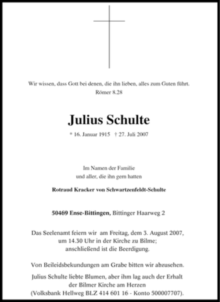  Traueranzeige für Julius Schulte vom 30.07.2007 aus Tageszeitung