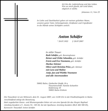 Traueranzeige von Anton Schäfer von Tageszeitung
