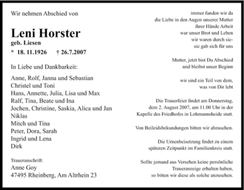 Traueranzeige von Leni Horster von Tageszeitung