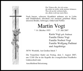 Traueranzeige von Martin Vogt von Tageszeitung