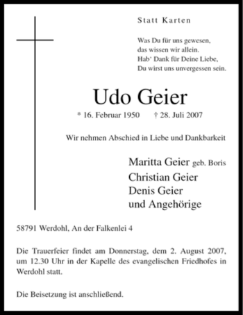 Traueranzeige von Udo Geier von Tageszeitung