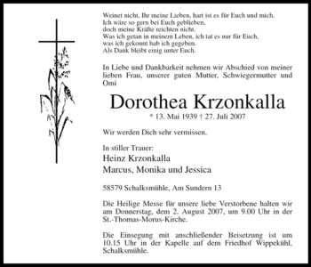 Traueranzeige von Dorothea Krzonkalla von Tageszeitung